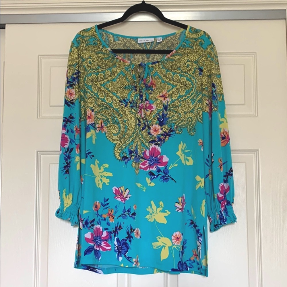 Susan Graver Tie-Front Floral Print Blouse Women’s L Turquoise Blue and Yellow